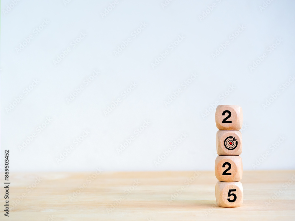 Poster 2025 happy new year, minimal banner. numbers and target dart icon on wooden cube blocks stacked, iso