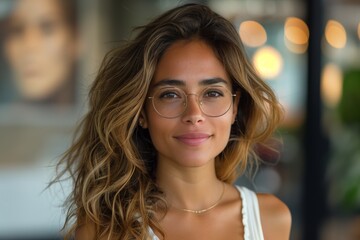 Fototapeta premium Woman With Brown Hair Wearing Round Glasses Smiles At Camera In Daylight