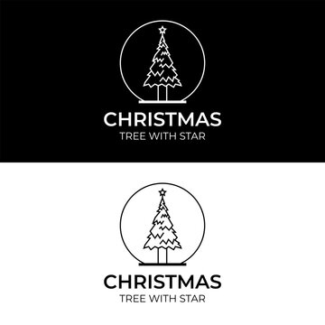 Christmas tree with a star inside snow globe in simple sketch logo design
