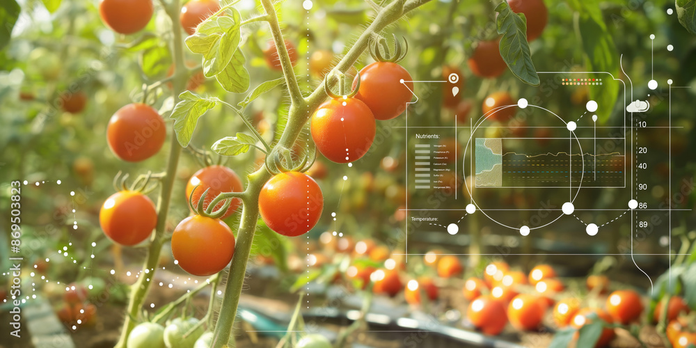 Poster close-up of ripe tomatoes on the vine with digital nutrient data. advanced farming techniques in agr