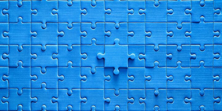 Blue puzzle with one big piece. Ideal for concepts of problem-solving, solutions, and creativity.