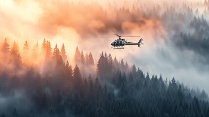 Firefighter helicopter against the backdrop of a burning forest. Forest fire. Emergency. Emergency. Natural disaster. Fire extinguishing equipment
