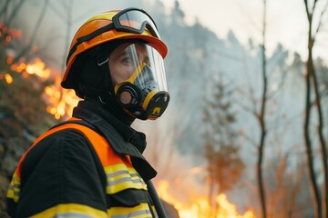 Portrait of a fireman against the backdrop of a burning forest. Forest fire. Emergency. Emergency. Natural disaster. Male firefighter in helmet