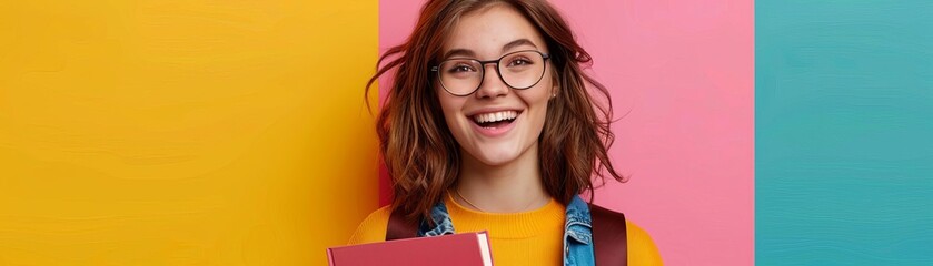 Young teacher with a textbook, smiling excitedly, holding a pointer, colorful background, editorial style, educational photo