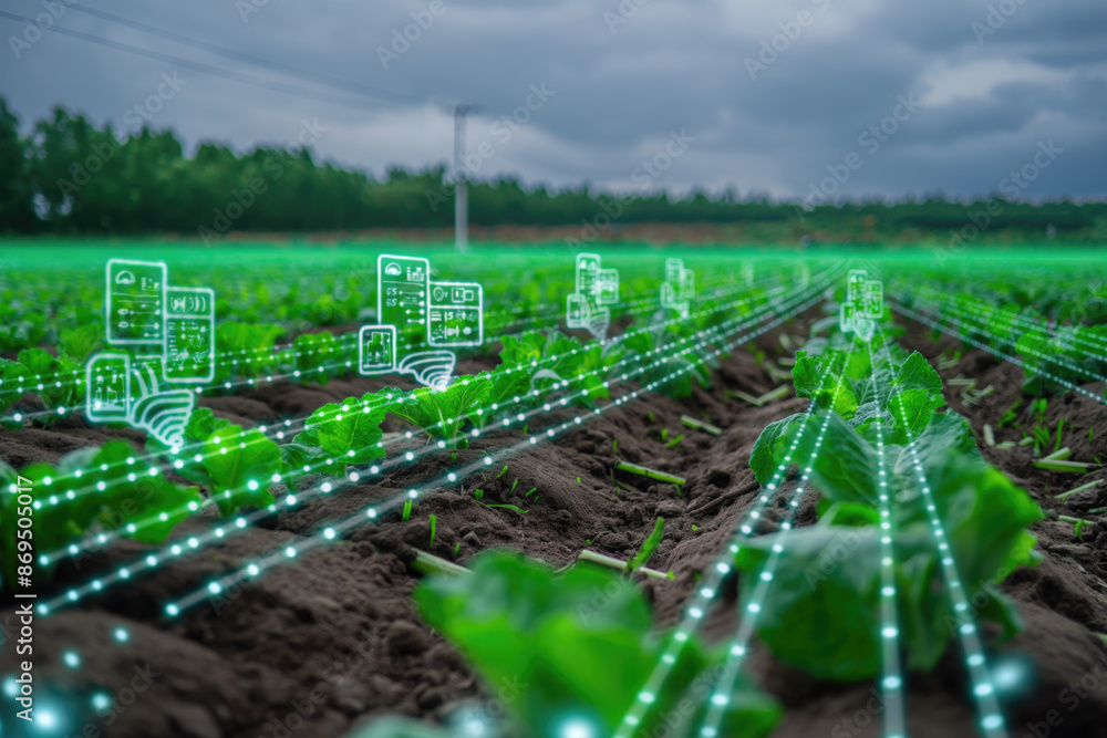 Poster lush lettuce field with virtual monitoring systems. digital agriculture and smart farming practices.