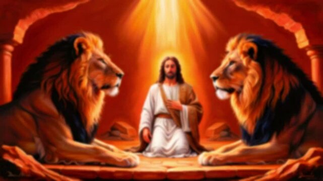 This is a painting of Jesus sitting between two lions. Jesus is wearing white robes with his hand on his chest. The lions are sitting on either side of him with their heads facing him.