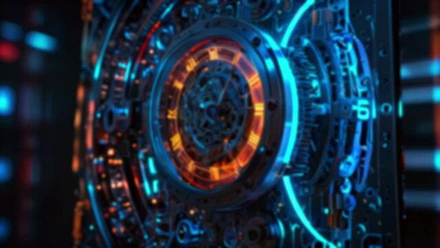 This is an video of a glowing blue and orange steampunk gear.