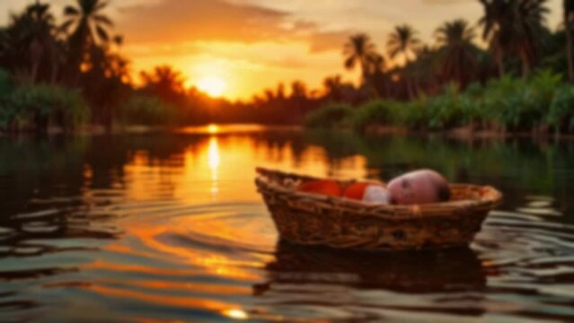 This video shows a baby sleeping in a basket floating in a river at sunset.