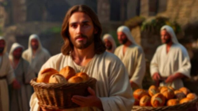 This is a video depicting Jesus holding a basket of bread with his disciples standing behind him.