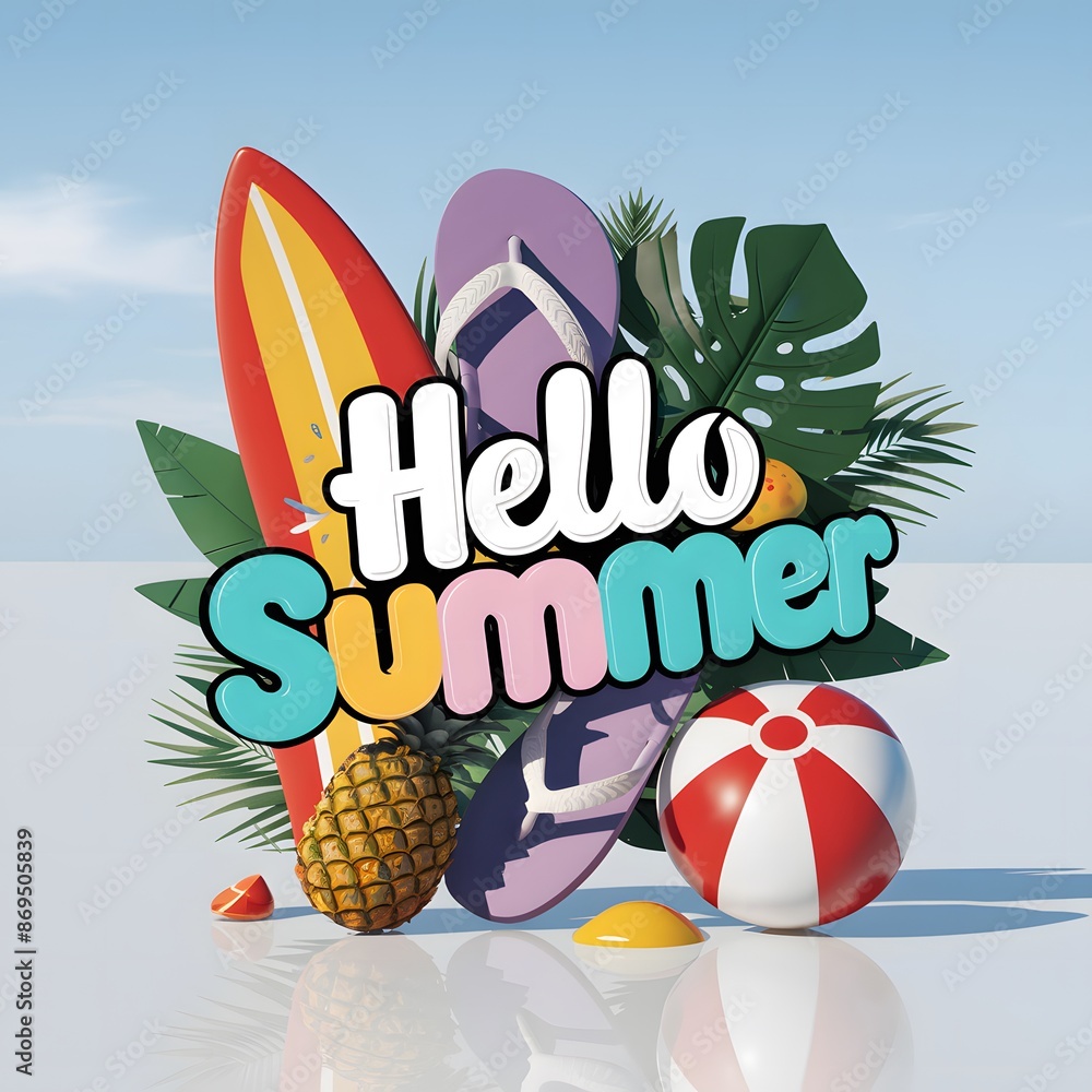 Poster summer elements 3d render illustration with the hello summer text on it. summer beach elements.