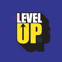 Level up modern typography logo design. Level up 3d text with arrow. Editable vector text for gaming template, banner, poster. Bold lettering on a blue background.
