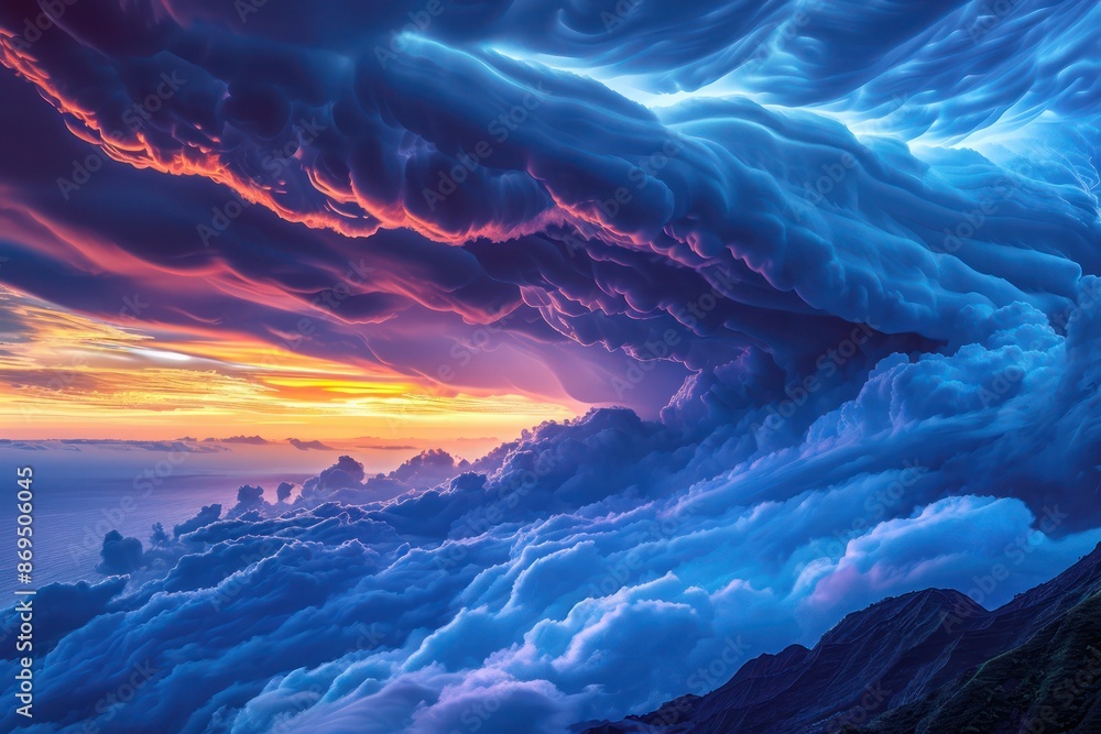 Wall mural Ethereal cloudscape with a dramatic sunset, creating a powerful and emotive background or wallpaper.