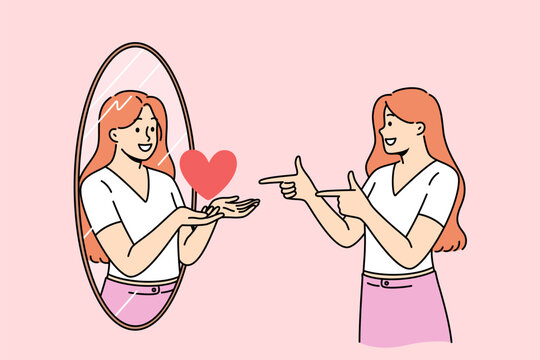 Woman with high self-esteem looks in mirror and sees reflection with heart, as metaphor for self-love. Good self-esteem allows girl to develop and not pay attention to envious people