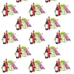 Wine and grapes. Seamless pattern on white background. Painted with watercolor. Suitable for textiles, scrapbooking, wallpaper, wrapping paper, cards and invitations, decoration of children's parties