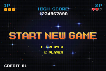 Obraz premium START NEW GAME play .pixel art .8 bit game. retro game. for game assets in vector illustrations.