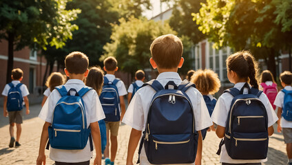 Fototapeta premium Schoolchildren with backpacks go to school