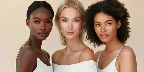 Fototapeta premium Diverse Beauties A Skin Care Editorial Showcasing Women of Various Skin Tones on Beige Background. Concept Skin Tones, Beauty Editorial, Diversity, Skincare, Beige Background