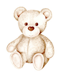 Children's toy bear cub. Isolated watercolor illustration on white background. Suitable for textiles, scrapbooking, wallpaper, wrapping paper, cards and invitations, children's party decorations