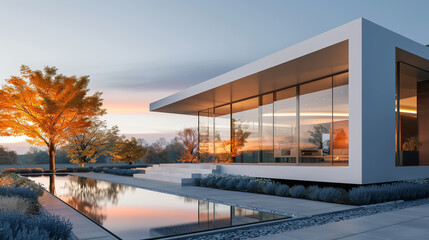Obraz premium Modern glass-walled house at sunset reflecting in a serene pool, surrounded by vibrant autumn trees and minimalistic landscaping.