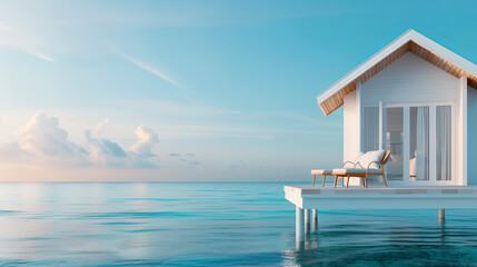Fototapeta premium Serene overwater bungalow with a stunning view of the calm ocean during a tranquil sunset, perfect for relaxation and retreat.