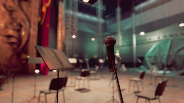 Opera Performance in a Grand Hall with Rows of Chairs and Microphones