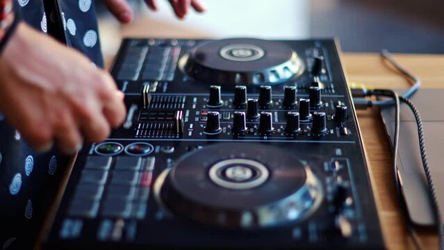 Close up of a woman touching the buttons of a DJ controller