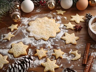 Cutting figures from the dough using special stencils for making ginger Christmas cookies. Children's hands close-up. Home, family prepare for the holidays concept.