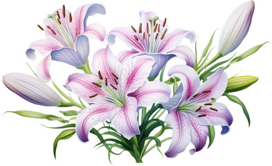 Obraz premium A delicate bouquet of white lilies with pink stripes, symbolizing purity, elegance, and grace. Perfect for spring, wedding, or floral designs.