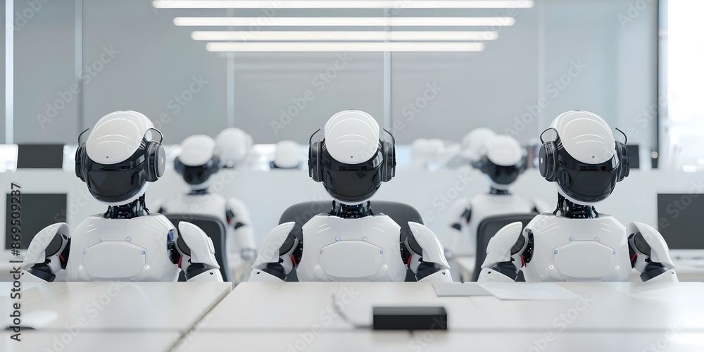 Poster the rise of robots in future office operations. concept robotics in business, workplace automation, 