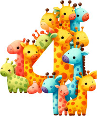 Naklejka premium Colorful cartoon giraffes forming the number four, perfect for children's educational materials, birthdays, and nursery decorations.