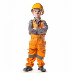 cute little professional Construction worker standing and hand holds a white acrylic sheet, looking directly at the camera with an attentive expression isolated on white background