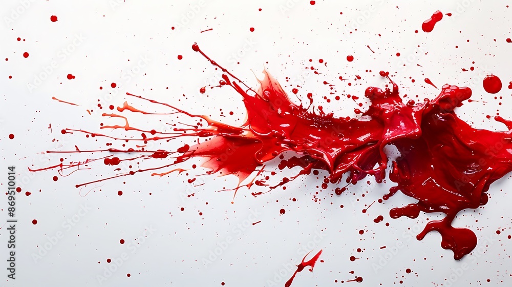 Fototapete ruby red paint exploding into a chaotic display of splatters and droplets on a pristine white backgr