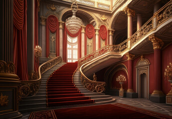 Obraz premium Grand staircase with red carpet and ornate gold details