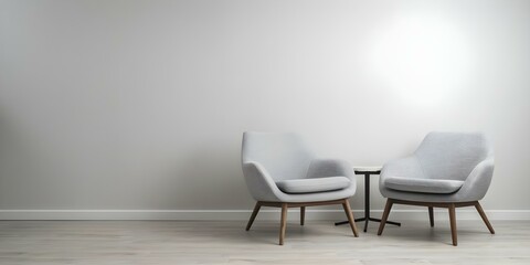 Minimalist Studio Setup for Podcasts or Interviews with Armchairs, Lighting, and Coffee Table. Concept Podcast Studio Setup, Interview Space Design, Minimalist Decor, Professional Lighting Setup