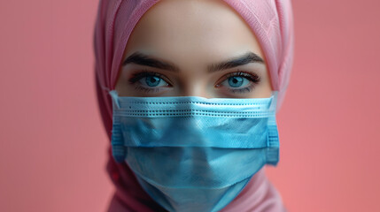 Fototapeta premium Muslim woman doctor wearing medical mask, muslim girl wearing mask for viral infection