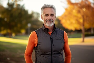 Obraz premium Portrait of a content man in his 50s wearing a lightweight running vest isolated in vibrant city park