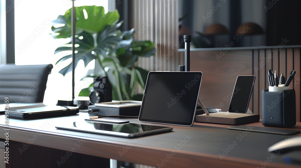 Poster tablet charging on sleek modern desk in efficient tech workspace