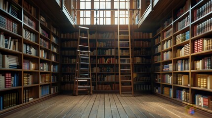 Cozy library with wooden bookshelves, ladders, and sunlight streaming through large windows, creating a warm and inviting atmosphere.