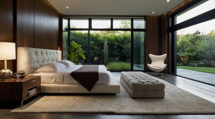 Fototapeta premium Elegance in Nature Modern Luxury Bedroom with Garden