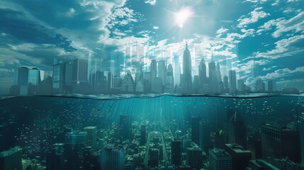 Surreal Underwater Cityscape with Sunlit Sky