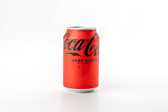Germany Berlin July 1, 2024. A red can of Coca-Cola Zero Sugar sits on a white background