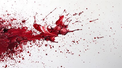 Fototapeta premium Ruby red paint splatters frozen in time, capturing the dynamic and chaotic nature on a clean white backdrop.