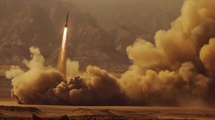 Missile Launching from Desert Base Amid Surreal Atmosphere of Isolation and Technology