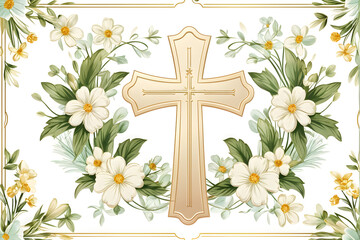 Catholic Christian Cross with flowers and leaves inside, First Communion cross, Christening, Baptism, vector illustration style