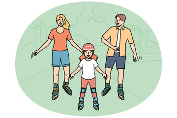 Happy family roller skating in park enjoying joint activity on nature in warm summer weather. Little girl roller skating and laughing together with mom and dad during outdoor recreation