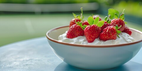 Strawberries and Cream A Bowl on a Tennis Court. Concept Food Photography, Tennis Court, Summer Treats, Creative Composition, Vibrant Colors