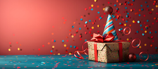 Obraz premium red background featuring colorful balloons and blank ribbon label, realistic vector for birthday celebrations.