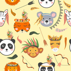 Seamless baby pattern with cute tribal animal faces. Illustration in Scandinavian style, Indians with feathers and bows