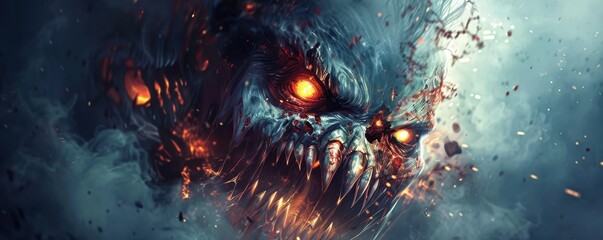 Close-up of a terrifying monster face with glowing eyes and sharp teeth, surrounded by dark smoke and fiery embers, evoking fear and horror.