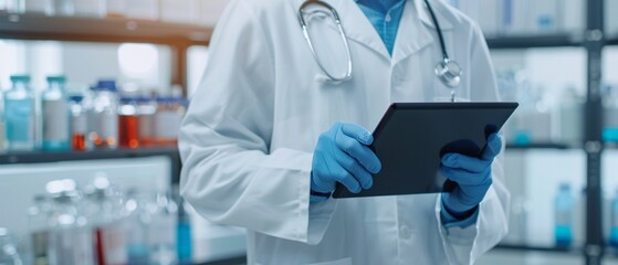Scientist reviewing clinical trial progress on a tablet, photorealistic, neutral background